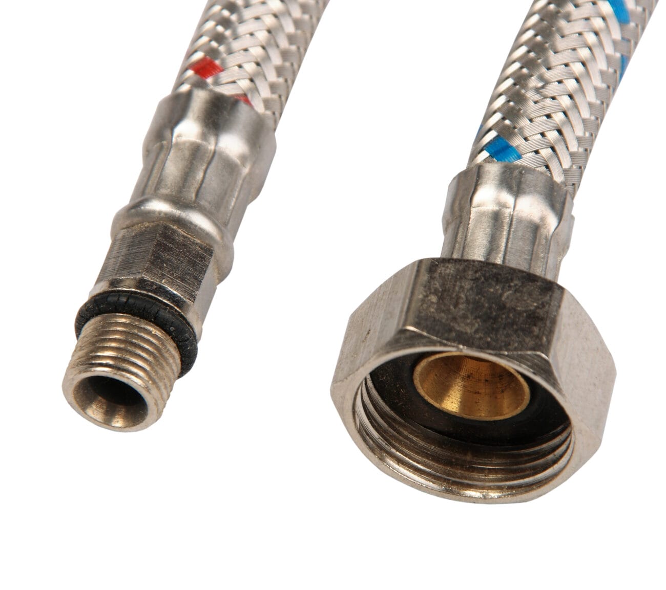 Two braided stainless steel hoses with metal connectors, used for plumbing or appliance connections.